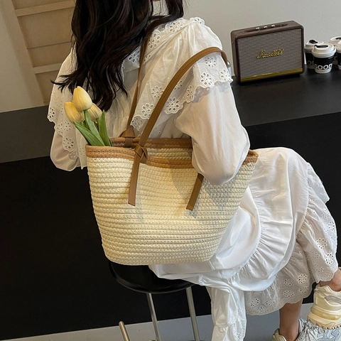 Sac Fourre-tout Tissé en Paille pour Femmes Grande Capacité Sac à Épaule Décontracté Été Plage Sac à Main de Vacances avec Anses Contrastées