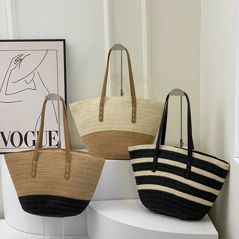Bolso Tote de Paja Tejida para Mujer Simple Bloque de Color Bolso de Hombro de Playa Retro Bohemio Gran Capacidad Bolso de Mano