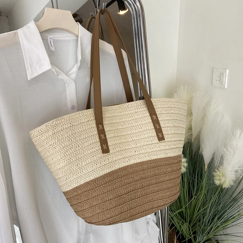 Bolso Tote de Paja Tejida para Mujer Simple Bloque de Color Bolso de Hombro de Playa Retro Bohemio Gran Capacidad Bolso de Mano