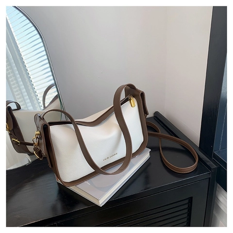 Sac à Épaule Minimaliste Urbain en Cuir PU pour Femmes Sac Bandoulière Hobo de Couleur Contrastée Avec Bandoulière Réglable