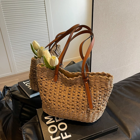 Bolso Tote de Paja Tejida Casual para Mujer Con Correas de Cuero Artificial Bolso de Playa Calado de Vacaciones
