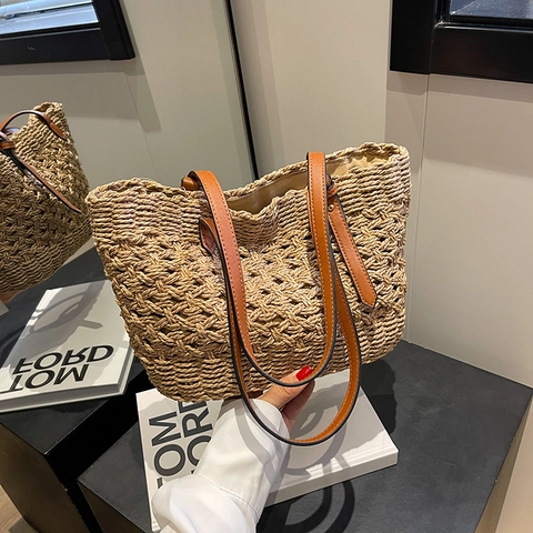 Bolso Tote de Paja Tejida Casual para Mujer Con Correas de Cuero Artificial Bolso de Playa Calado de Vacaciones