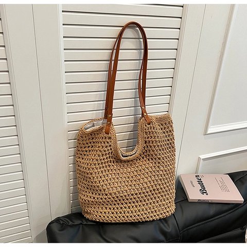 Borsa a Tracolla in Paglia Intrecciata da Donna Grande Capacità Borsa Tote Intrecciata a Mano Casual Vacanza Estiva Borsa da Spiaggia