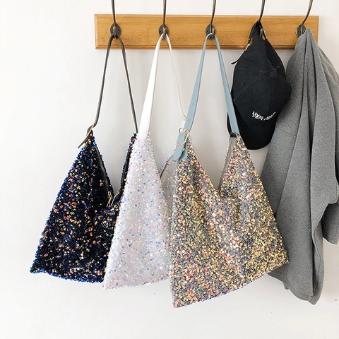 Sac Tote à Paillettes pour Femmes Style Coréen Brillant Mode Irisé Sac à Épaule Sous le Bras Hobo Décontracté de Grande Capacité
