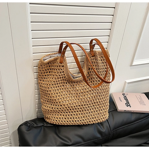 Borsa a Tracolla in Paglia Intrecciata da Donna Grande Capacità Borsa Tote Intrecciata a Mano Casual Vacanza Estiva Borsa da Spiaggia