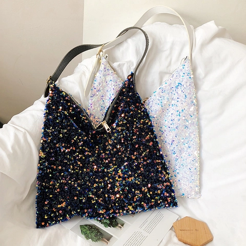 Sac Tote à Paillettes pour Femmes Style Coréen Brillant Mode Irisé Sac à Épaule Sous le Bras Hobo Décontracté de Grande Capacité