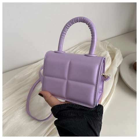 Mini Bolso de Hombro Acolchado de Cuero PU para Mujer Bolso de Mano de Patrón Cuadrado con Asa Bolso Pequeño Simple y Versátil