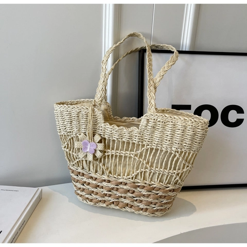 Sac Cabas Minimaliste en Paille Tissée pour Femmes avec Pendentif Papillon Sac à Main Ajouré pour Vacances à la Plage
