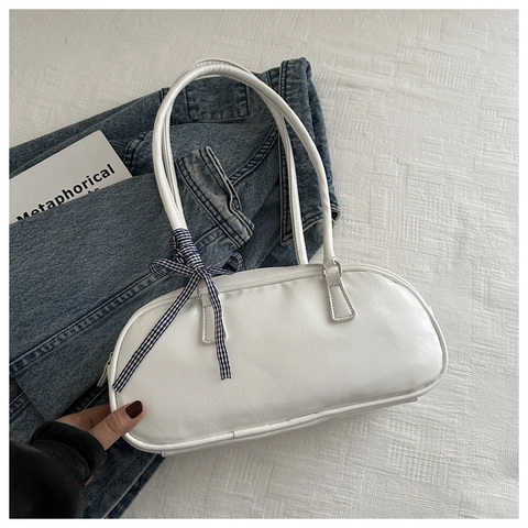Damen PU Leder Umhängetasche Mit Gingham Schleife Minimalistische Boston Baguette Tasche Metallic Silber Achsel Handtasche
