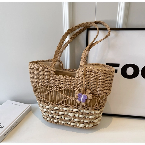 Sac Cabas Minimaliste en Paille Tissée pour Femmes avec Pendentif Papillon Sac à Main Ajouré pour Vacances à la Plage