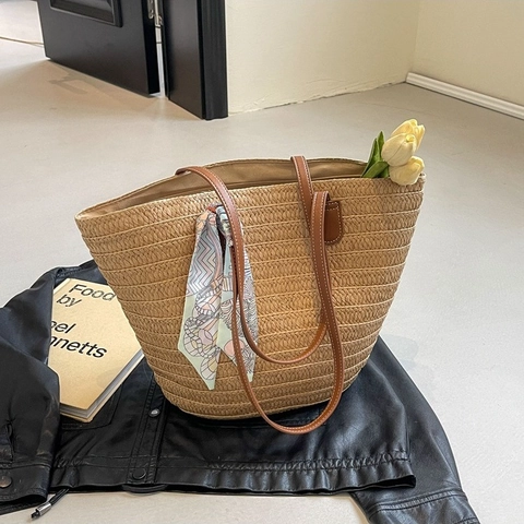 Women Straw Tote Bag With Scarf Large Capacity Woven Shoulder Bag Summer Beach Travel Handbag Minimalist Casual Handbag