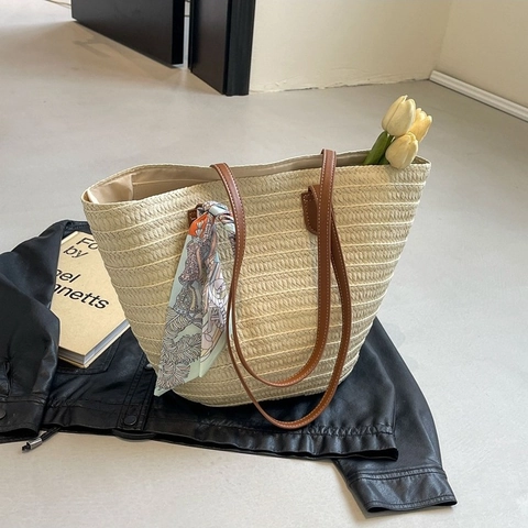 Women Straw Tote Bag With Scarf Large Capacity Woven Shoulder Bag Summer Beach Travel Handbag Minimalist Casual Handbag
