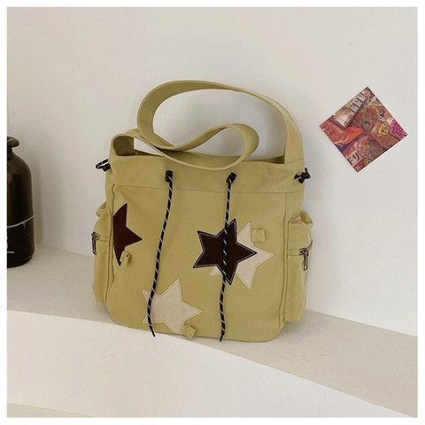 Canvas Messenger Bag Σε Αμερικανικό Street Στυλ Μεγάλη Χωρητικότητα Τσάντα Ώμου Με Αστέρια Patches Preppy Crossbody Τσάντα Για Μαθητές