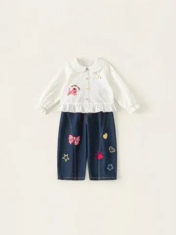 Completo da Ragazza con Camicia Bianca con Volant e Pantaloni di Jeans Manica Lunga Ricamo Gatto Pois Casual Bambini Abbigliamento Primaverile