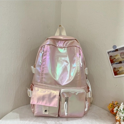 Damen Mode Holographisch Laser PU Rucksack Große Kapazität Student Schultasche Mehrere Taschen Reise Schultertasche Mädchen