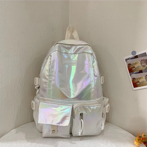 Damen Mode Holographisch Laser PU Rucksack Große Kapazität Student Schultasche Mehrere Taschen Reise Schultertasche Mädchen