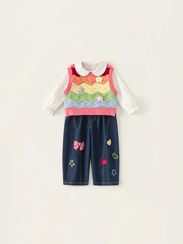 Girls Rainbow Knit Vest White Peter Pan Collar Shirt And Embroidery Denim Pants Cute Autumn Outfit Apparel Collection