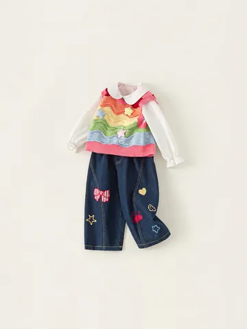 Girls Rainbow Knit Vest White Peter Pan Collar Shirt And Embroidery Denim Pants Cute Autumn Outfit Apparel Collection
