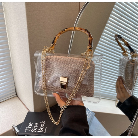 Fashion Transparent PVC Handbag With Bamboo Handle Women Woven Inner Pouch Crossbody Bag Chain Shoulder Bag Designer Clear Bag