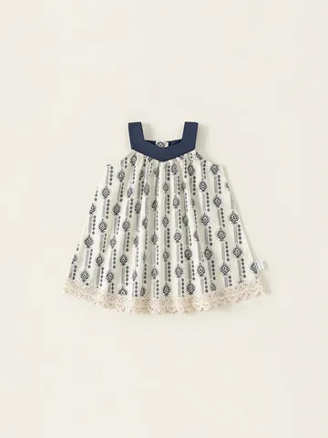 Robe Ligne A Sans Manches en Coton pour Filles Imprimé Bohémien Avec Bordure en Dentelle Vêtements de Vacances d'Été pour Enfants