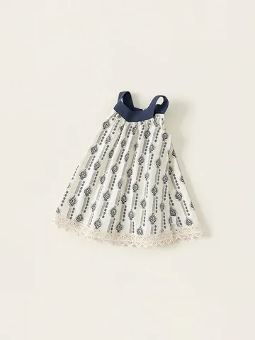 Robe Ligne A Sans Manches en Coton pour Filles Imprimé Bohémien Avec Bordure en Dentelle Vêtements de Vacances d'Été pour Enfants