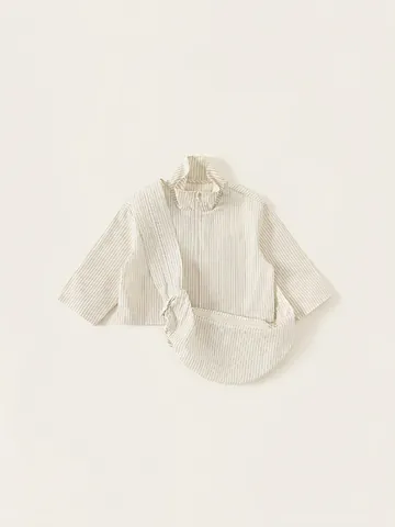 Completo a Due Pezzi da Bambina Camicia a Righe con Collo alla Coreana e Cerniera Borsa a Tracolla Casual Maniche Lunghe