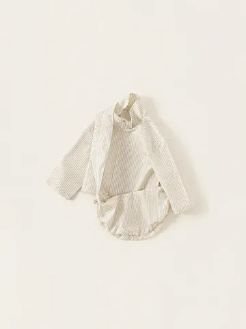 Completo a Due Pezzi da Bambina Camicia a Righe con Collo alla Coreana e Cerniera Borsa a Tracolla Casual Maniche Lunghe