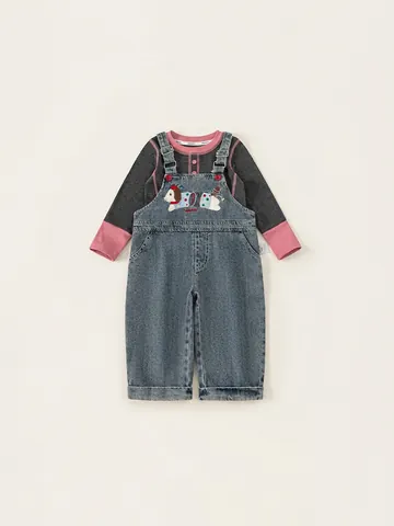 Ensemble de T-Shirt à Manches Longues en Coton et Salopette en Denim pour Petites Filles avec Broderie de Chien de Dessin Animé