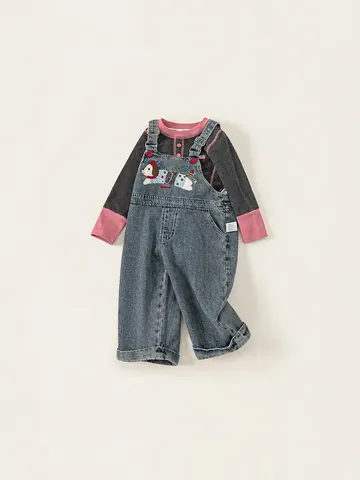 Ensemble de T-Shirt à Manches Longues en Coton et Salopette en Denim pour Petites Filles avec Broderie de Chien de Dessin Animé