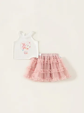 Ragazze Dolce Cartone Animato Coniglio Stampa Pizzo Senza Maniche Top Rosa Multi Strato Rete Tutu Gonna Abbigliamento Estivo