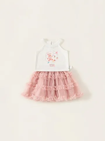 Ragazze Dolce Cartone Animato Coniglio Stampa Pizzo Senza Maniche Top Rosa Multi Strato Rete Tutu Gonna Abbigliamento Estivo