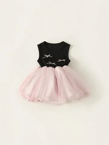 Mädchen Ärmelloses Patchwork Kleid Süße Schleife Netz Tutu Prinzessin Party Kleid Baumwolle Ripp Sommer Kleidung Für Kinder