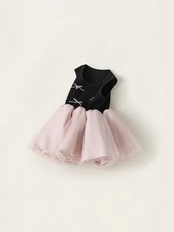 Mädchen Ärmelloses Patchwork Kleid Süße Schleife Netz Tutu Prinzessin Party Kleid Baumwolle Ripp Sommer Kleidung Für Kinder