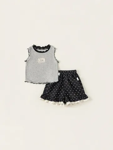 Mädchen Sommer Zweiteiliges Bekleidungsset Viskose Ärmelloses Geripptes Tanktop Und Polka Dot Rüschenshorts Süßer Mori Stil Kinder Outfit
