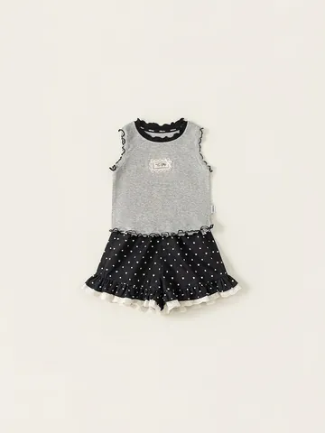 Mädchen Sommer Zweiteiliges Bekleidungsset Viskose Ärmelloses Geripptes Tanktop Und Polka Dot Rüschenshorts Süßer Mori Stil Kinder Outfit