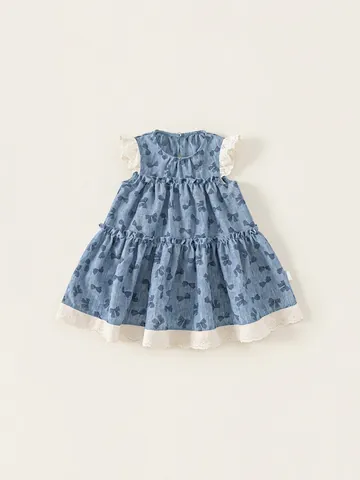 Robe Douce Sans Manches Bleue pour Fillettes Avec Imprimé Nœud Et Bordure En Dentelle Blanche Robe À Volants Princesse Été