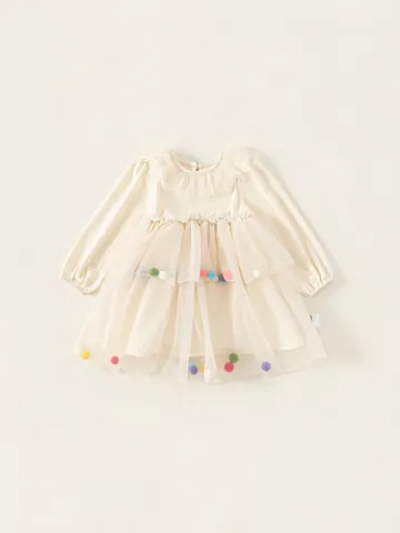 Vestito Dolce da Bambina a Maniche Lunghe in Tulle Crema Bianco Principessa Fata per Festa con Pom Pon Colorati