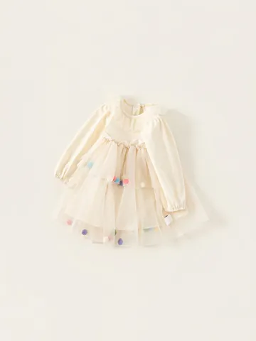 Vestito Dolce da Bambina a Maniche Lunghe in Tulle Crema Bianco Principessa Fata per Festa con Pom Pon Colorati
