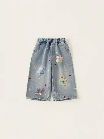 Kids Girls Cotton Denim Wide Leg Jeans Elastic Waist Floral Heart Patch Embroidery Washed Casual Straight Leg Pants