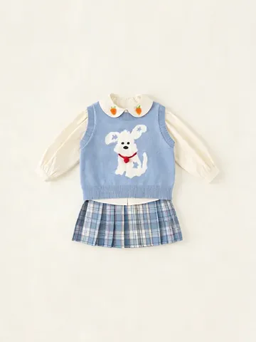Girls Preppy Style 3 Piece Clothing Set Cotton Embroidered Shirt Knitted Dog Vest And Plaid Pleated Skirt Outfit