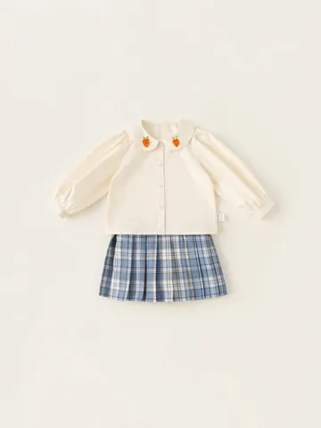 Girls Preppy Style 3 Piece Clothing Set Cotton Embroidered Shirt Knitted Dog Vest And Plaid Pleated Skirt Outfit