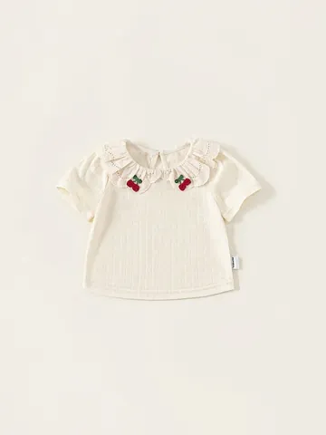 Toddler Girl Sweet Cotton Blend Top Denim Shorts Outfit Cherry Embroidery Ruffle Collar Hollow Knit Short Sleeve Clothing