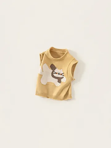 Children's Knitted Vest Cartoon Cat Ginger Yellow Sleeveless Knit Top For Boys Girls Casual Autumn Spring Clothes