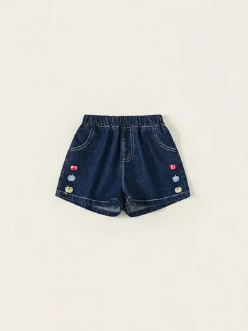 Pantalones Cortos de Mezclilla para Niñas Mezcla de Algodón Cintura Elástica Bordado de Manzana Azul Oscuro Shorts de Verano