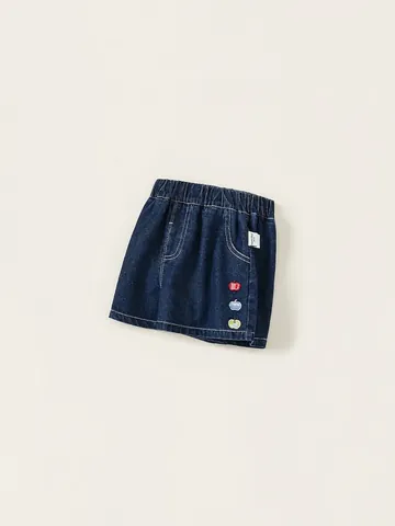 Pantalones Cortos de Mezclilla para Niñas Mezcla de Algodón Cintura Elástica Bordado de Manzana Azul Oscuro Shorts de Verano