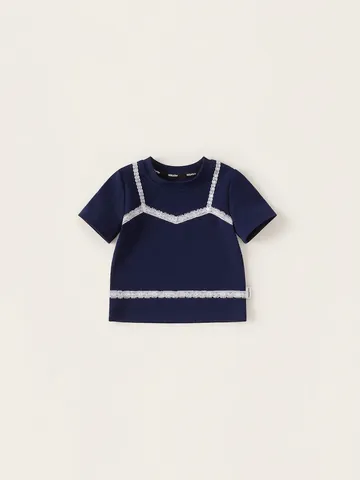 Camiseta de Manga Corta Azul Marino para Niñas Algodón Retazos de Encaje Falsa Dos Piezas Top de Verano para Niños Estilo Mori Girl