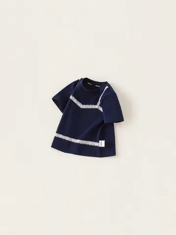 Camiseta de Manga Corta Azul Marino para Niñas Algodón Retazos de Encaje Falsa Dos Piezas Top de Verano para Niños Estilo Mori Girl