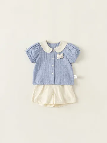 Toddler Girls Summer Gingham Plaid Shirt And Shorts Set Sweet Peter Pan Collar Cotton Short Sleeve Outfit Kids Clothing