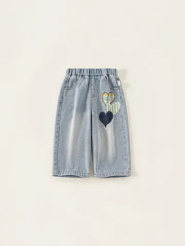 Girls Sweet Heart Embroidery Patchwork Denim Jeans Toddler Casual Light Blue Straight Leg Soft Cotton Trousers For Kids