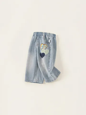 Girls Sweet Heart Embroidery Patchwork Denim Jeans Toddler Casual Light Blue Straight Leg Soft Cotton Trousers For Kids
